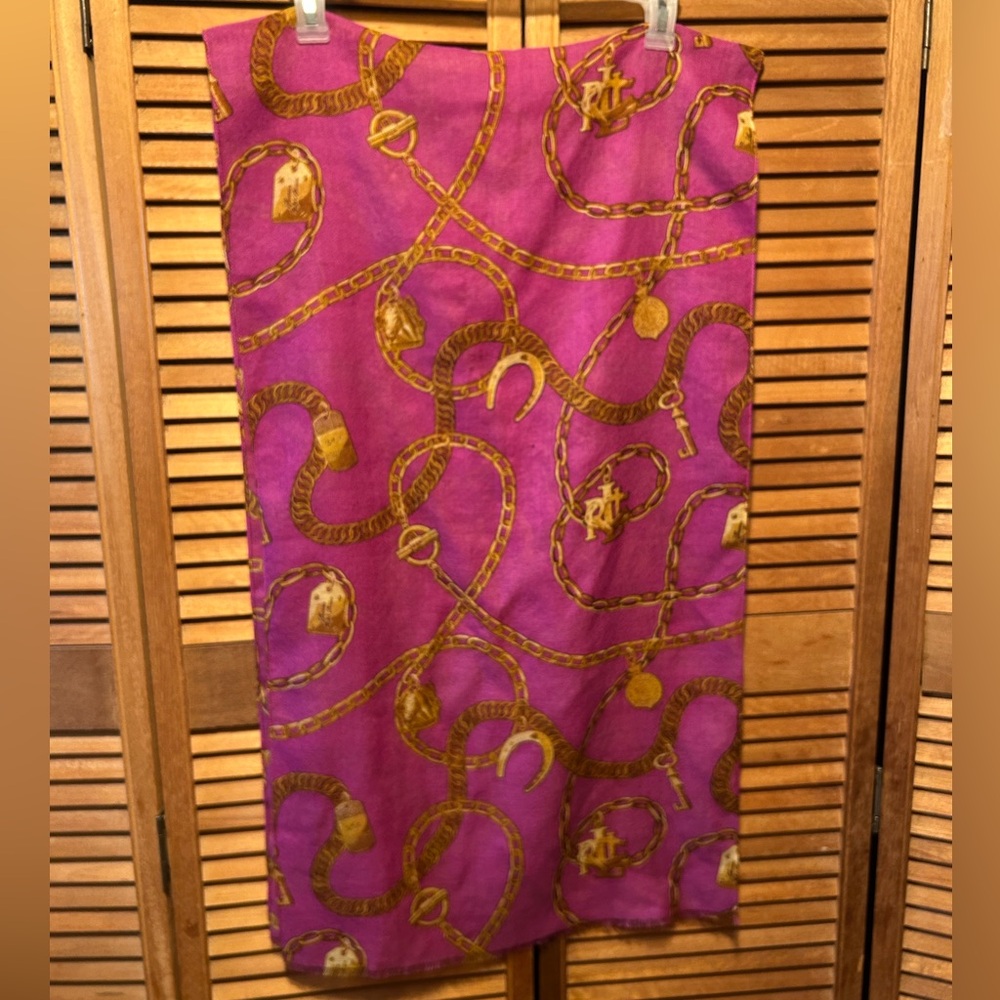 Lauren Ralph Lauren Magenta and Gold Equestrian Wool  Logo Rectangular Scarf